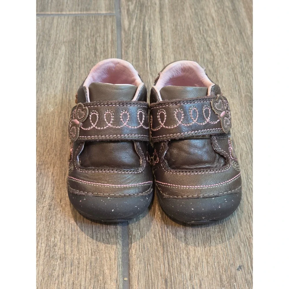 Stride Rite Puffling Brown Leather Pink Floral Embroidery Toddler Shoes 4M